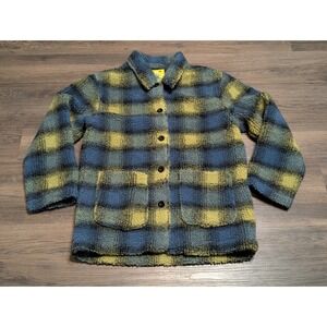 UNIF Blue Yellow Plaid Sherpa Fleece Button Up Jacket Small Streetwear Retro